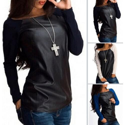 Sexy Women Leather Long Sleeve Loose T-shirt Casual PU Leather Patchwork O-Neck Top Spring Autumn S-XL