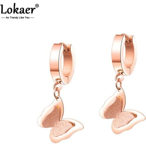 Lokaer Fashion Frosted Double-layer Butterfly Earrings For Women Titanium Steel Rose Gold Color Female Hoop Earrings E17084