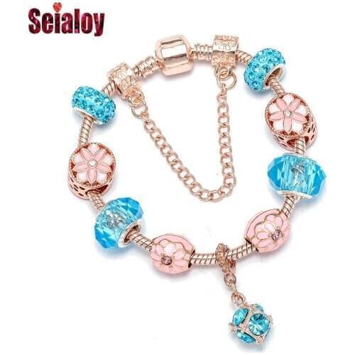 Seialoy Fashion Rose Gold Shiny Flowers Charm Bracelets For Women Original Blue Crystal Beaded Bracelet Boy Girl Jewelry Gift
