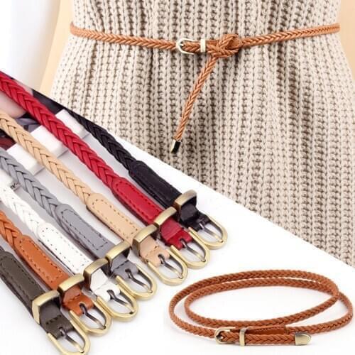 Womens PU Leather Braided Thin Narrow Dress Belt High Quality New Fashion Causal Waistband Metal Pin Buckle Ladies Female