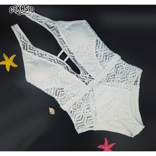 Plus Size V-Neck Crochet One Piece Swimsuit Mesh Swim suits Hollow Out Bikinis Women Solid Color Bikini Swimwear Bathing Suits