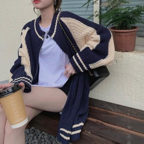 Куртка женская осень Street baseball uniform short loose knit cardigan contrast color sweater women 2021 winter jacket women