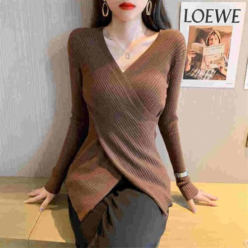 2021 Autumn Clothes Women V-Neck Designer Sweater Winter Knitted Sweaters Undershirt Pull Femme Korean Style Chic Jumper