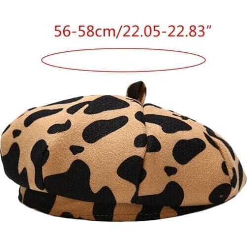 Women Winter Vintage Woolen Beret Cap Milk Cow Print Harajuku Newsboy Beanie Cap X5XA