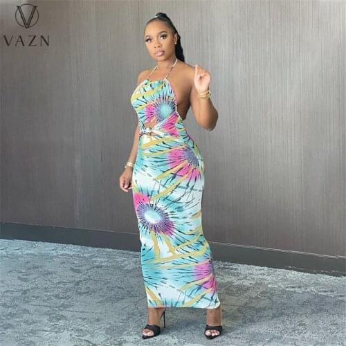 VAZN 2021 New Retro Print Sweet Europe And America Long Dress Spaghetti Strap Backless Women High Waist Maxi Thin Dress