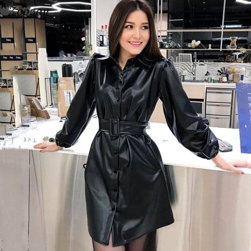 Ins Elegant Slim PU Leather Women Mini Dress Winter Warm Long Sleeve Sashes Casual Short Dress Female Sexy Bag Hip Leather Dress
