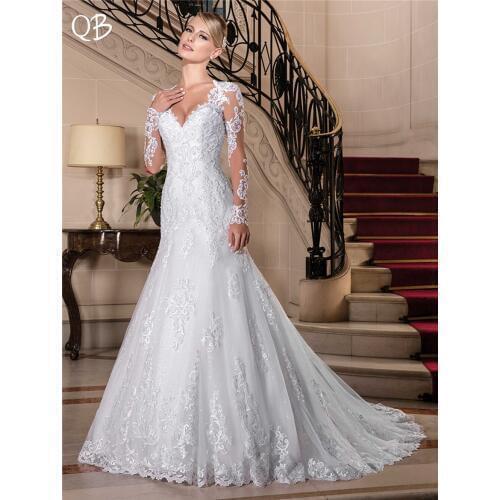 Vestido de Noiva 2019 New Wedding Dresses Mermaid Long Sleeve Tulle Beading Lace Crystal Sexy Formal Bridal Wedding Gowns SF53