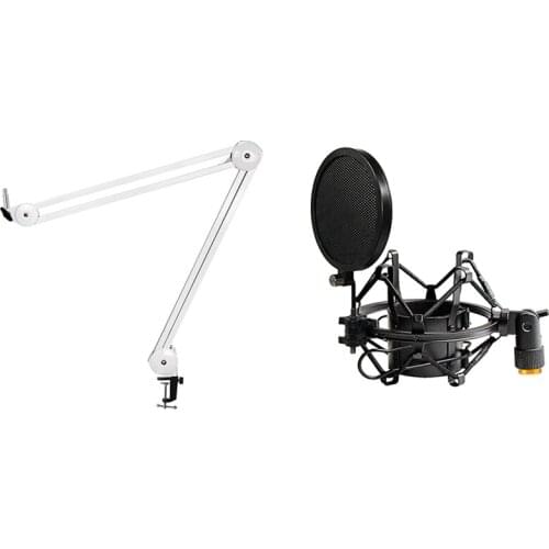 1 Pcs Microphone Stand Adjustable Suspension Boom Arm with Spring & 1 Pcs Microphone Shock Mount with Double Mesh Filter
