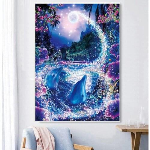 5D DIY Diamond Painting Dolphin Animal Full Round Diamond Embroidery Cross Stitch Diamond Square Full Wall Painting Love Gift