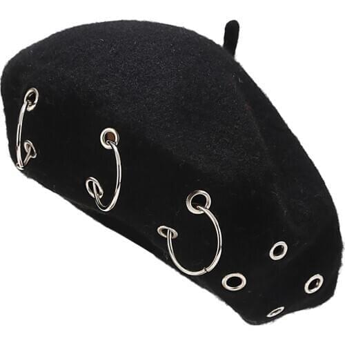 Fashion Winter Berets For Women girl Punk Rock Style Iron Rings Beret Caps Retro Wool Hats Black Woolen Painter Caps