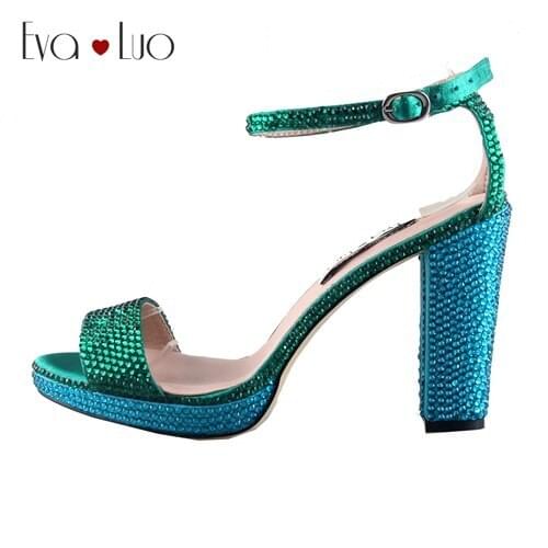 CHS1086 Custom Made Turquoise Green Crystal Strappy High Heels Dress Sandals Bridal Wedding Shoes Big Size Women Shoes