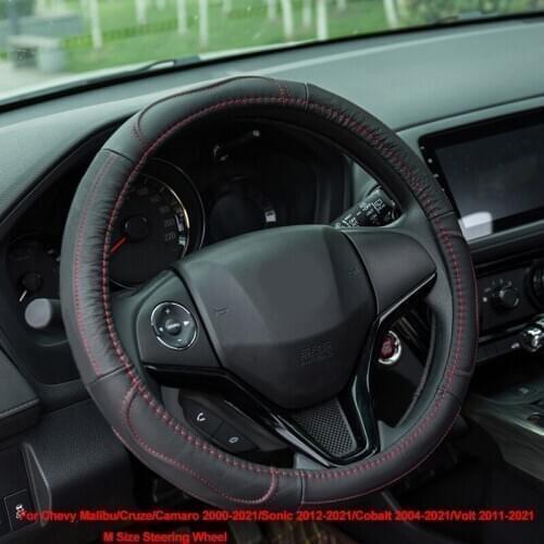 Car Steering Wheel Cover Cow Leather For Chevy Malibu Cruze Camaro 2000 - 2021 Sonic 2012-21 Cobalt 2004-21 Volt 2011-21 M Size