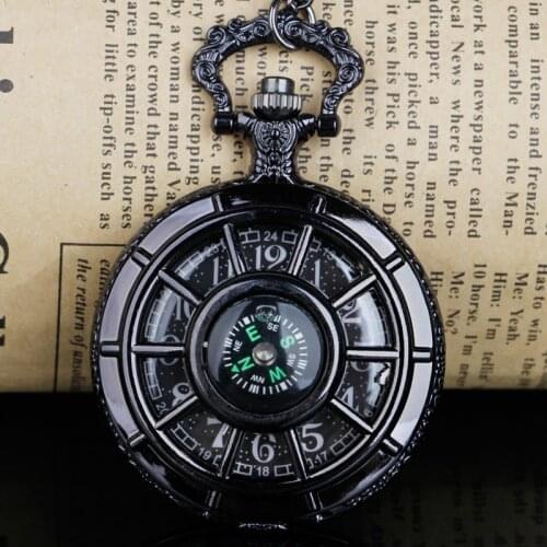 Black Exquisite Compass Design Vintage Hollow Skeleton Pocket Watch Black Starry Round Dial Antique Pendant Clock Retro Gifts