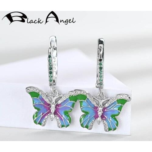 BLACK ANGEL Colorful Enamel Cute Butterfly Clip Earrings For Women 925 Sterling Silver Insect Earrings Wedding Jewelry Wholesale