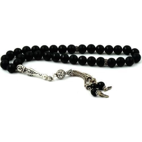925 Sterling Silver Tassel Handmade Rosary with Onyx Stone