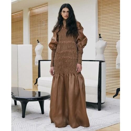 Top Designer Brown Smocked Structured Silk Maxi Dress Vintage Stretch Shirred Panel Silhouette Fishtail Vacay Date Occasion Gown