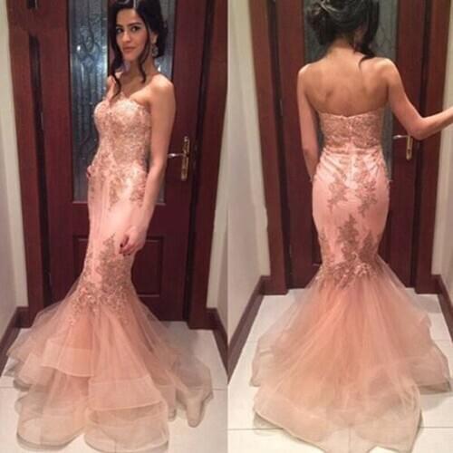Vestido De Festa Longo Mermaid Long Pink Prom Dresses With Lace Appliques Custom Made Formal Evening Dresses