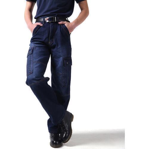 Autumn New Men`s Cargo Jeans Military Tactical Multi Pockets Work Blue Loose Fit Denim Pants For Male Plus Size