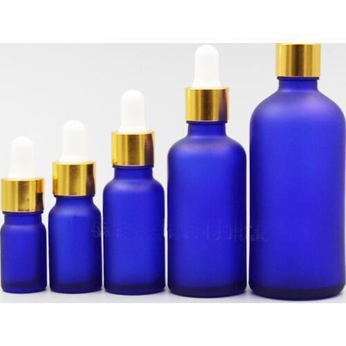 24pcs Frosted Blue Glass Bottles With Gold Collar Dropper 5ml 10ml 20ml 30ml 50ml 100ml Frosting Dropper Essential Oil Bottle