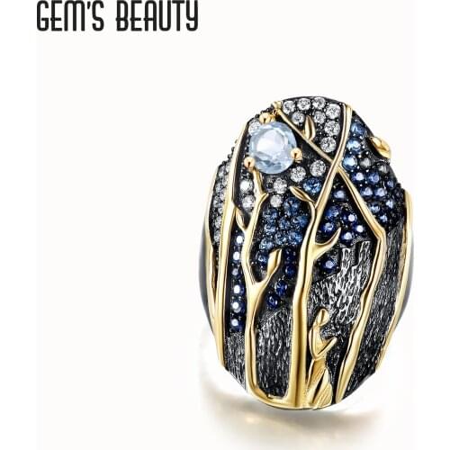 Gems Beauty Real 925 Sterling Silver Creative Design Fine Jewelry Gold Plate Blue Topaz Under The Moon Rings For Women Bijoux