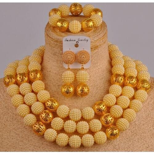 Amazing gold african beads jewelry set beige simulated pearl costume women necklace for nigerian wedding ZZ29