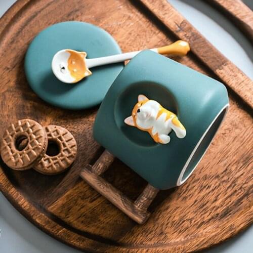Cute Cartoon Animal Shiba Inu Ceramic Mug Creative Men and Women Couple with Lid Spoon Drinking Water Coffee Cup