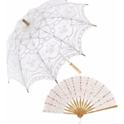 Ins 2020 Wedding Hot Style 30" Handmade Embroidered Lace Parasol Sun Umbrella And Lace Fan Wedding Birthday Gifts