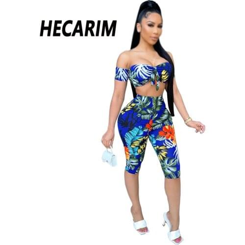 Hecarim 2021 Summer Palm Print Shorts Set Two-Piece Suits Sexy Tied Crop Top And Matching Set Vacation Oudfits Party Club Wears