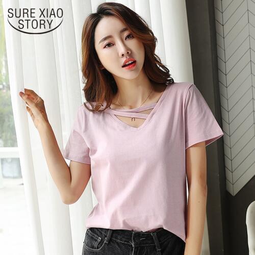 Fashion women t shirt 2019 summer v collar cotton female shirt short sleeve women shirts white T-shirt womens clothing 2573 50