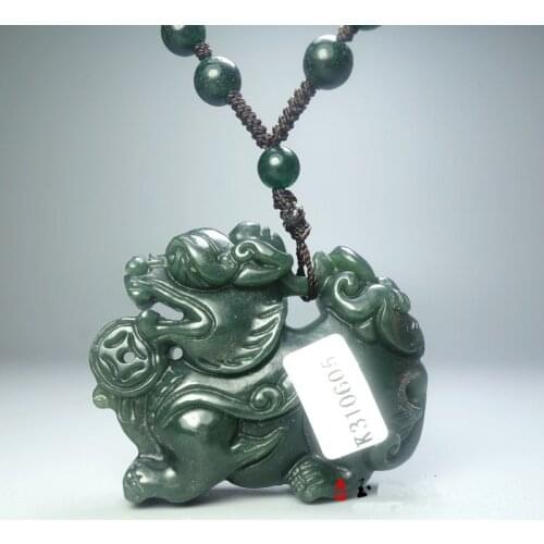 Natural dark green Jade brave troops Pendant Pi Xiu Amulet Necklace solid Beast Hanging