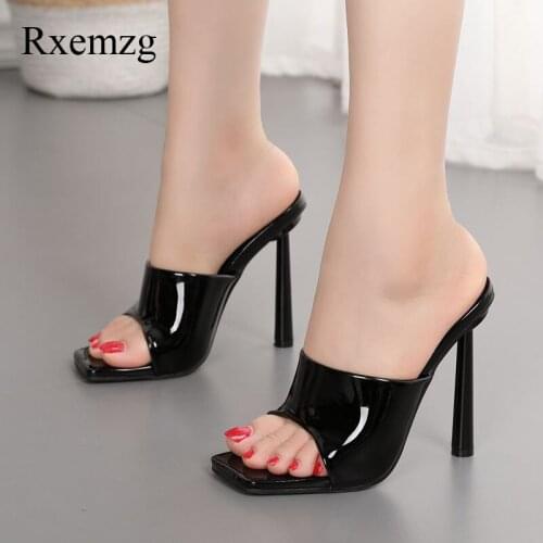Rxemzg Newest Shallow Fashion Patent Leather Slippers Summer Women Thin Heels Mules Concise Sexy Ladies Party Nightclub Sandals