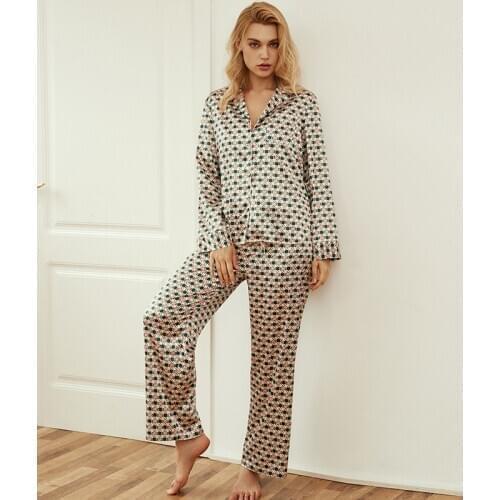 New style Women Pajamas Wavelet point pattern Spring/Summer European/American Style Silk Long-Sleeved Home Thin one Suit M/L/XL