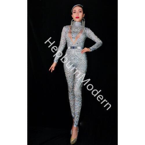 NEW Sparkly Crystals Jumpsuit Women Sexy Nude Leggings Bodysuit Costume Dance DJ Show Stage Wear Female Singer Costume