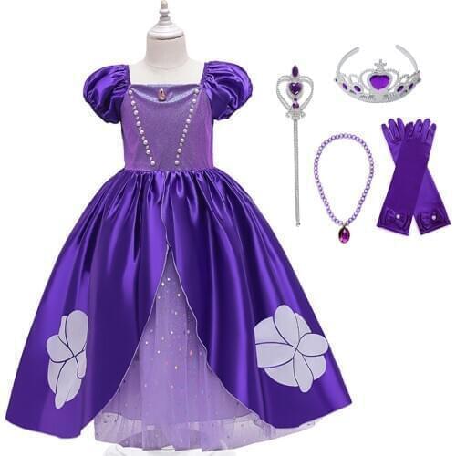YOFEEL New Sofia Dress Princess Girls Purple Cartoon Cosplay Costume Kids Birthday Party Gown Halloween Clothing Fancy Vestido