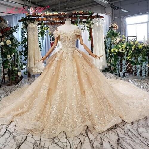 AnXin SH Luxury princess flower golden lace boat neck beading crystal champagne bride sparkly wedding dress 100% real photo