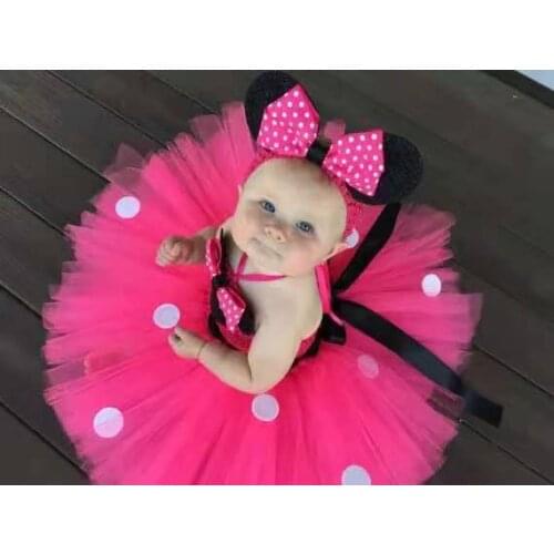 Girls Pink Cartoon Tutu Dress Baby Crochet Tulle Dress with White Dots and Headband Kids Party Cosplay Dress Ballet Tutus