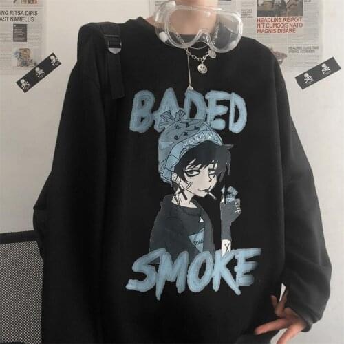 Japanese Cartoon Anime Printing Padded Round Neck Hoodies Womens Autumn and Winter Ins Tide Loose Korean Couple Top Coat
