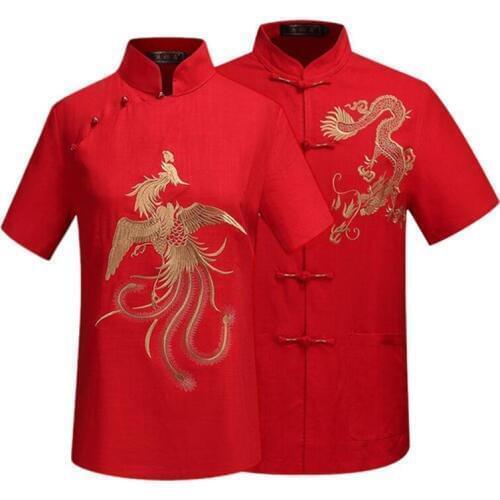 Lovers tops dragon and phoenix mom dad summer middle-aged and elderly Tang suit cotton and linen red elderly birthday clothing