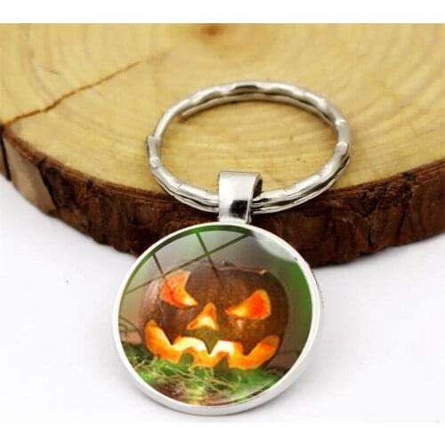 WG 1pc Halloween Pumpkin Skull Time Gem&stone Cabochon Keyring Keychain Pendant Metal Glass Ball Keyring For Women Jewelry