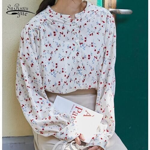 2020 New Autumn Floral Puff Sleeve Chiffon Shirts Women Office Loose Long Sleeve female Blouse Button Cardigan Ladies Tops 10203