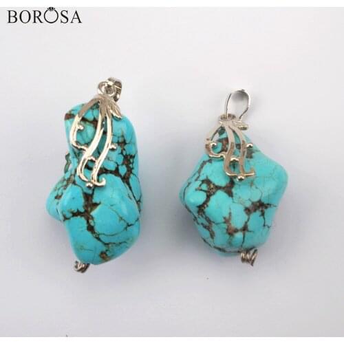 BOROSA Freeform Blue Howlite Necklace Pendant 26inch Turquoises Silver Color Necklace Jewelry for Women Men Long Necklace WX1361