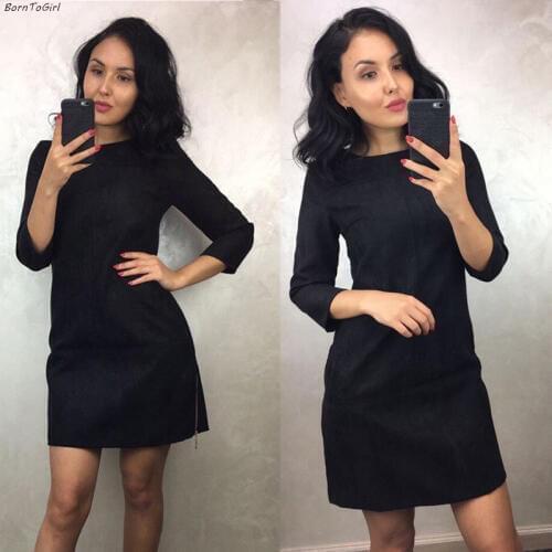 BornToGirl 2020 Spring Autumn Winter Women 3/4 Sleeve O-neck Slim Black Gray Brown Red Suede Dress robe femme