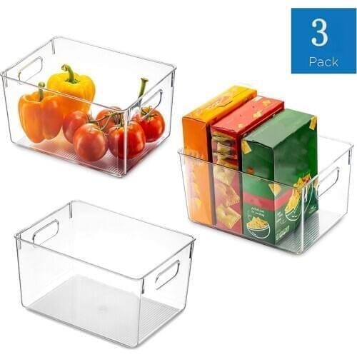 3 Pack Refrigerator Organizer Bins - Stackable Fridge Organizers with Cutout Handles for Freezer,Cabinet, Countertops