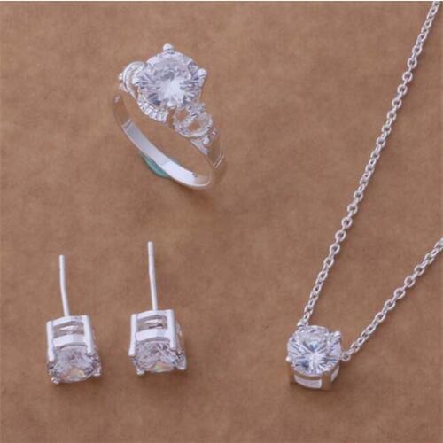 AS045 Hot Sale Silver Plated Color Jewelry Sets For Women Wholesale High Quality Classic Earring 183 + Necklace 586 + Ring 083