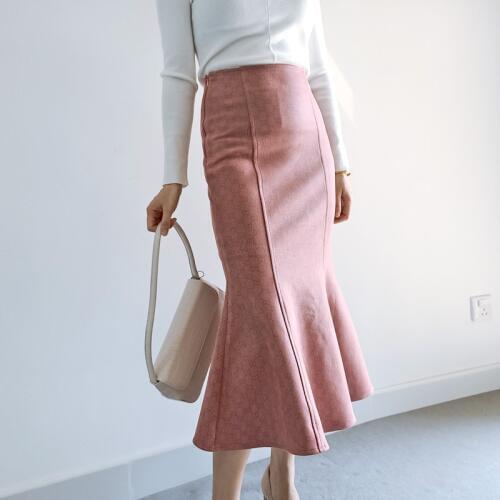 Free Shipping 2020 New Fashion Long Mid-calf Skirt For Women S-2XL Mermaid Style Stretch Ladies Pink Skirts High Waist Suede