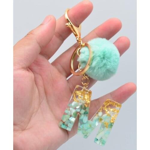 ZOSHI 26 English Letter Fur Ball Keychains for Women Green Alphabet Car Keyring Holder Handbag Charms Pendant Jewelry Gifts