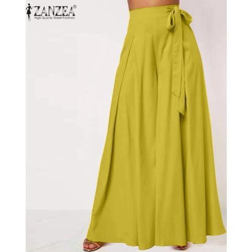 ZANZEA Summer Wide Leg Pants Women High Waist Long Trousers Casual Solid Pleated Pantalon Elegant Flare Pant Streetwear Oversize