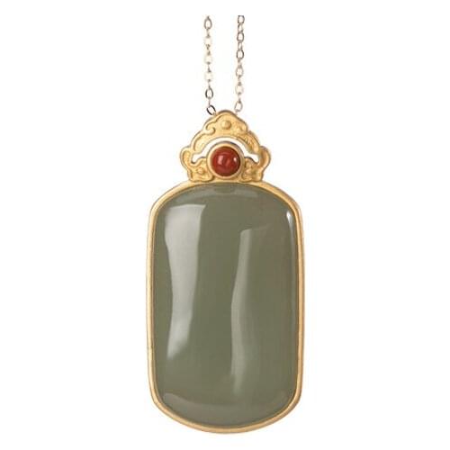 S925 sterling silver gold plated Natural Hetian jade Gray jade Chain set Retro Ruyi Lucky pendant Sweater chain pendant