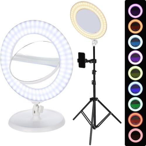 Dual Sides Makeup Mirror + Dimmable LED Multicolor Ring Light + Tripod Stand for Video Shooting