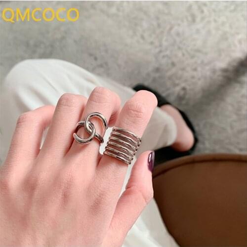 QMCOCO 925 Silver Rings For Women Girl Creative Trendy Irregular Geometric Handmade Vintage Punk Party Jewelry Gifts